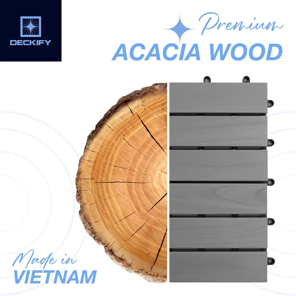 Acacia Interlocking Deck Tiles Outdoor Waterproof All Weather, Grey Striped