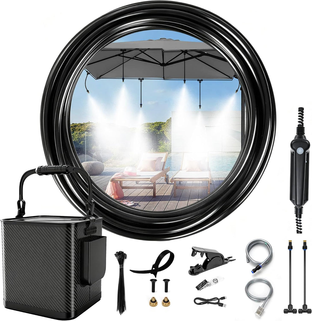 Portable Misting Cooling System Kit with 10M Hose, 4500mAh Rechargeable Pump ...