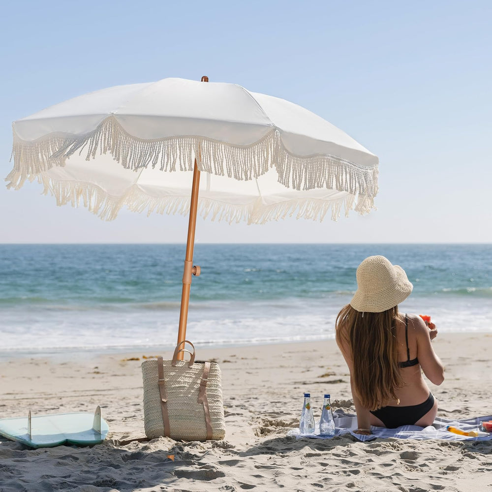 AMMSUN Boho Fringe Umbrella, 6.5ft Outdoor Umbrella with Tassel