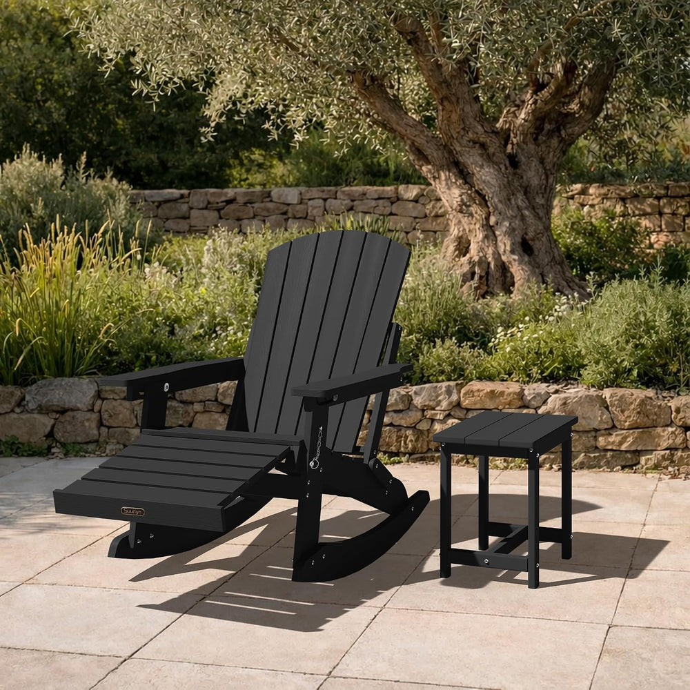 4-in-1 Adirondack Rocking Chair Set of 4, HDPE, Ottoman, Black