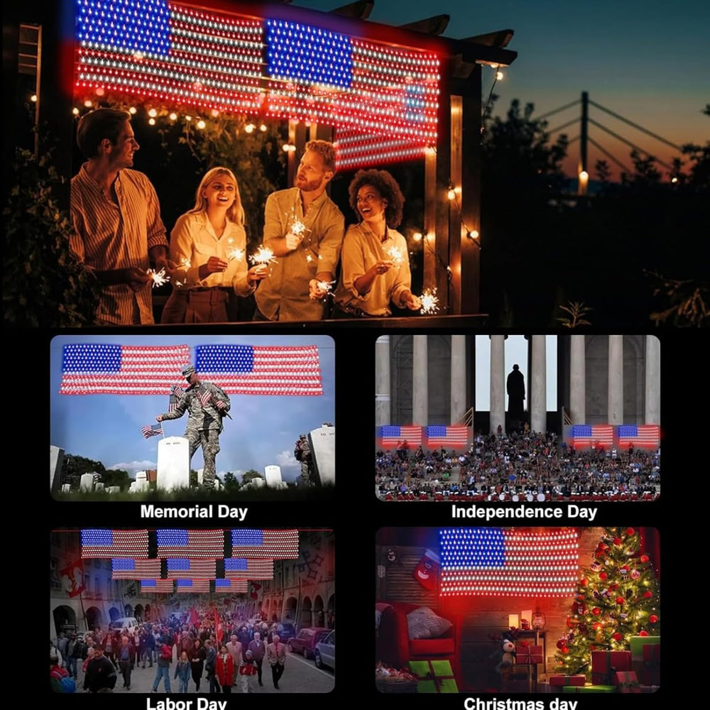 HYH American Flag LED Lights, 420 LEDs Net Light Up Flag Outdoor Waterproof