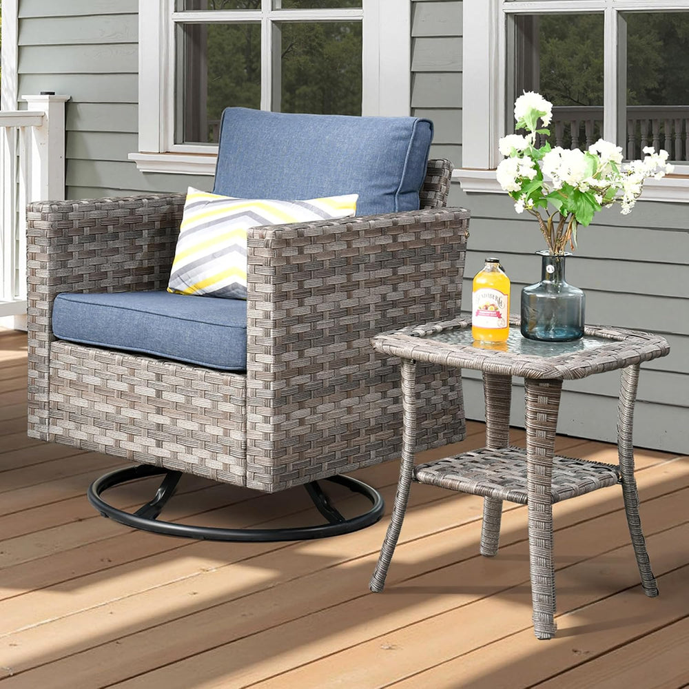 ovios Outdoor Side Table with Tempered Glass Top, Patio Wicker Rattan Bistro ...