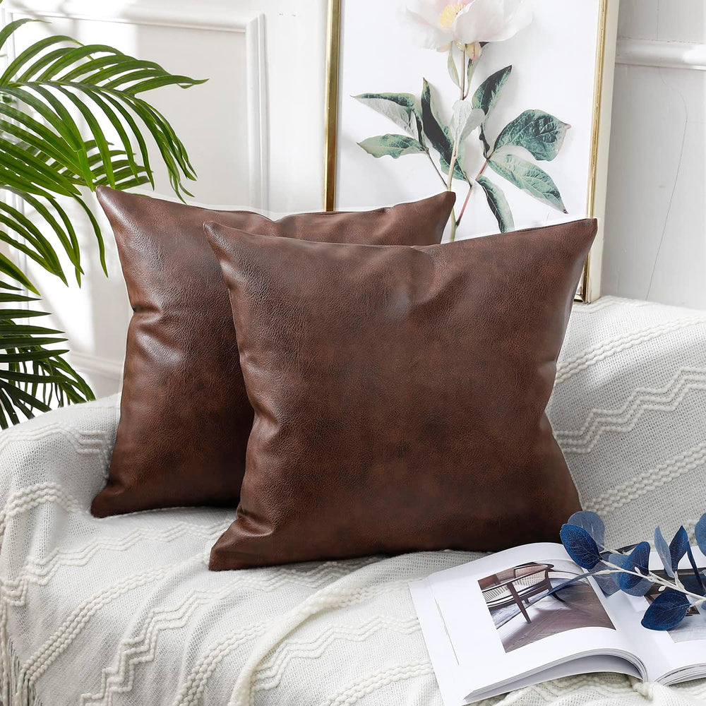PANOD Set of 2 Faux Leather Throw Pillow Covers 22 x 22 Dark Brown,Modern Lux...