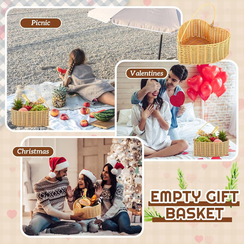 Qinyoung 2 Pcs Heart Wicker Picnic Basket with Handle Medium and Small Heart ...