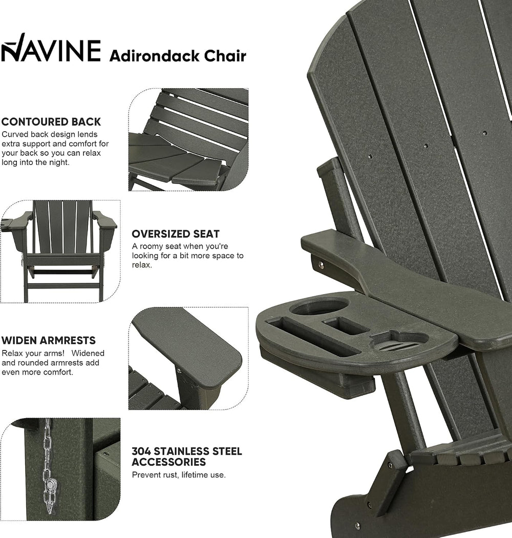 NAVINE Folding Adirondack Chairs Set of 2 with 4-in-1 Cup Holder, Grey
