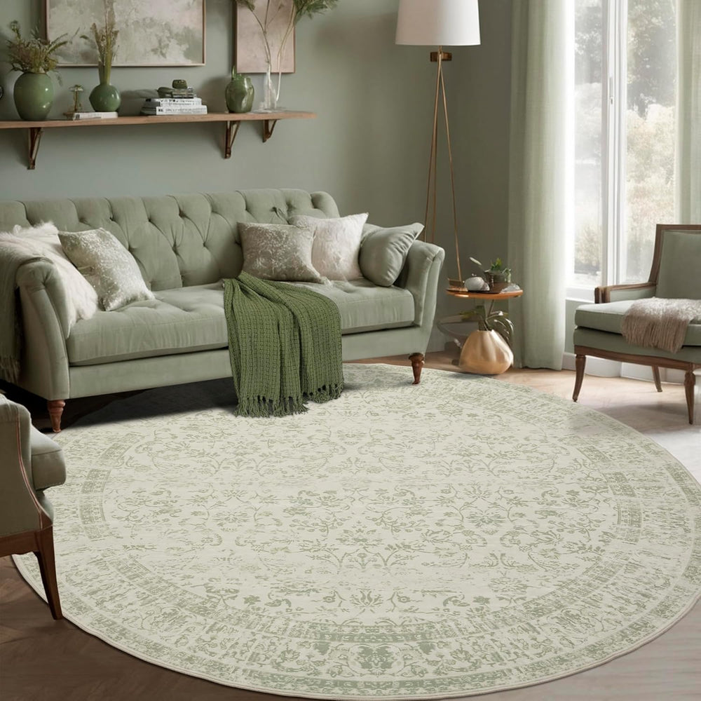 Sage Washable Rugs for Living Room Vintage Floral Patterned 6x6 Area Rug