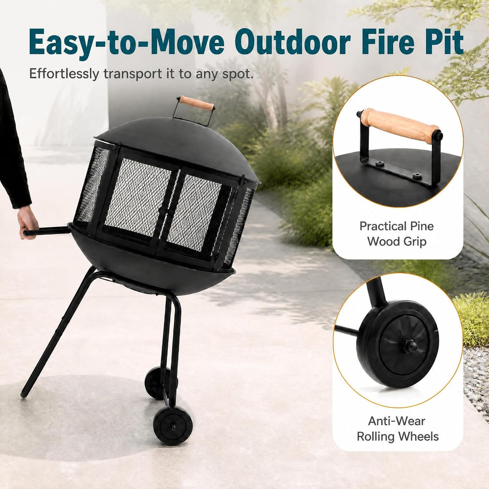 HAPPYGRILL 28” Outdoor Fire Pit with Lockable Doors, Fire Poker & Wheels