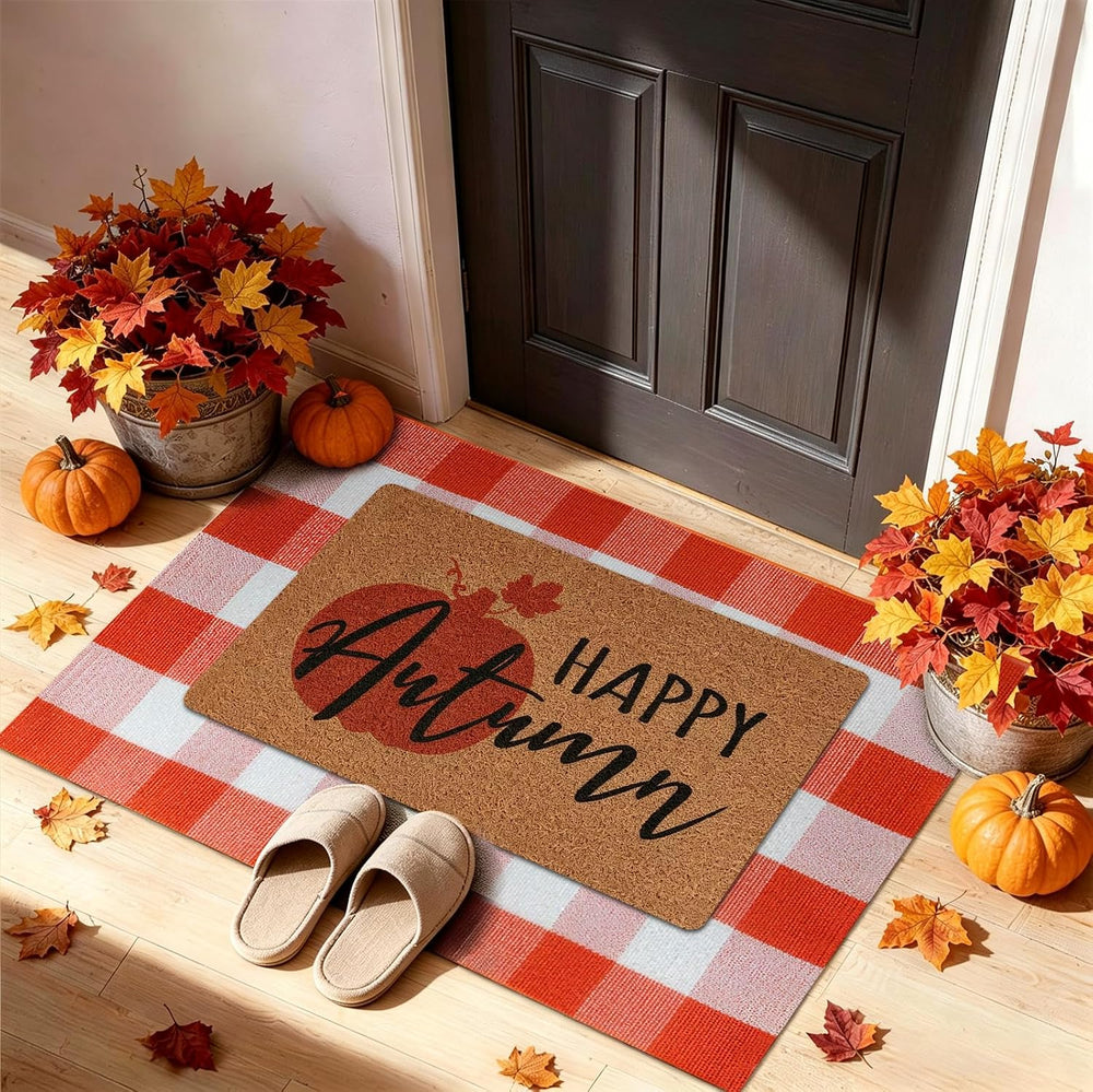2-Piece Fall Front Door Mat Set, Layered Coir & Orange White Plaid Mats