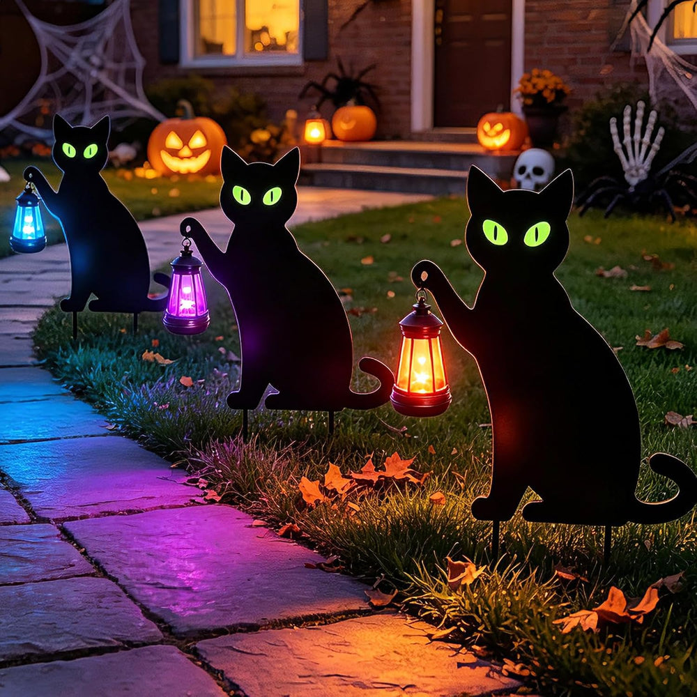 2 Pack Halloween Black Cat Solar Yard Stake, 7-Color LED Lantern