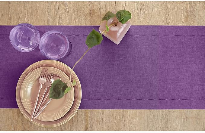 Solino Home Linen Purple Table Runner 36 Inches - Classic Hemstitch, 100% Pur...