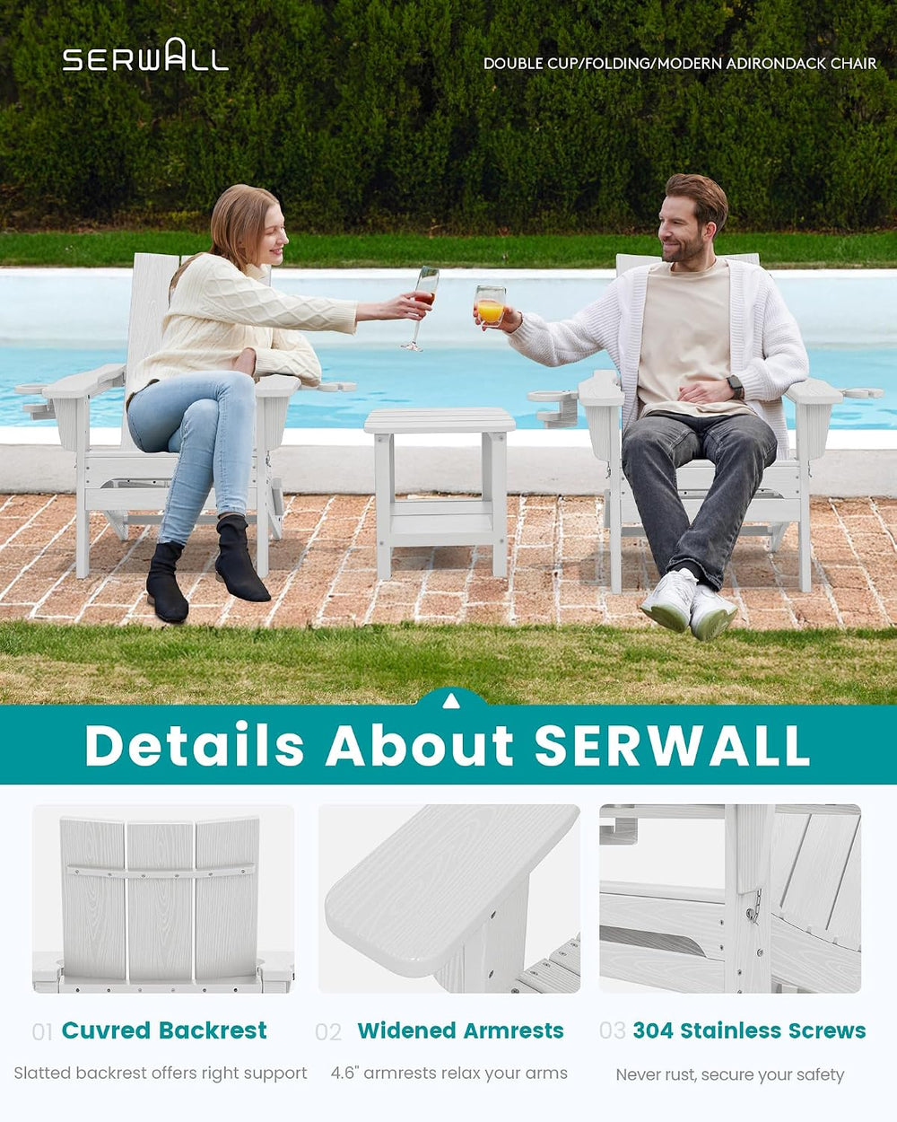 SERWALL HDPE Modern Folding Adirondack Chair with Dual Cup Holder, White