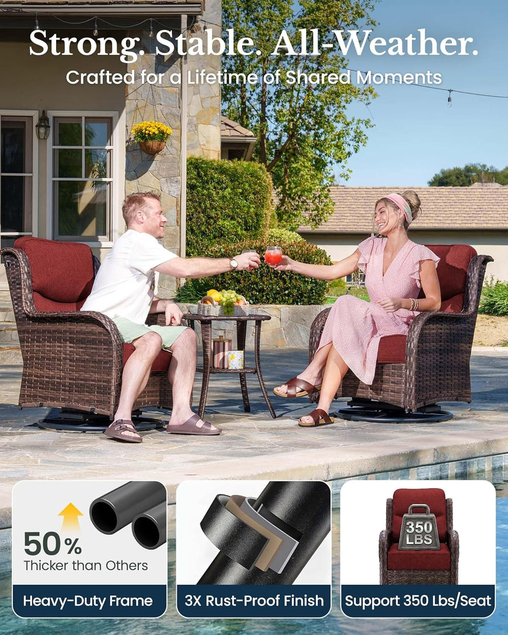 HILLGA 3-Piece Luxury Patio Furniture Set with 6" Thick Cushions, Weathe...