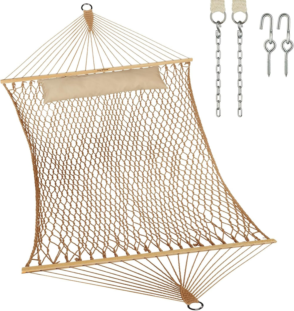 JoyView Outdoor Double Rope Hammock with Hardwood Spreader Bars and Pillow