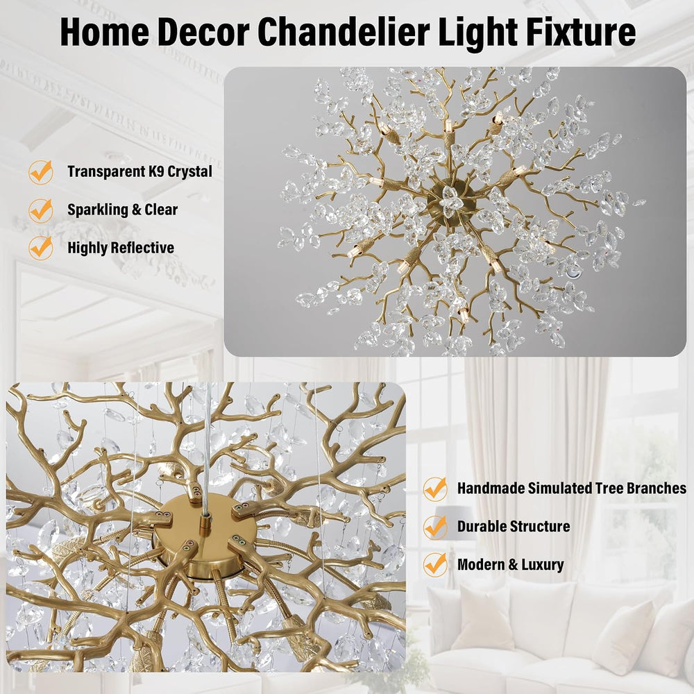 23.6" Modern Gold Tree Branch Chandelier, 8-Light Crystal Chandelier, Lu...