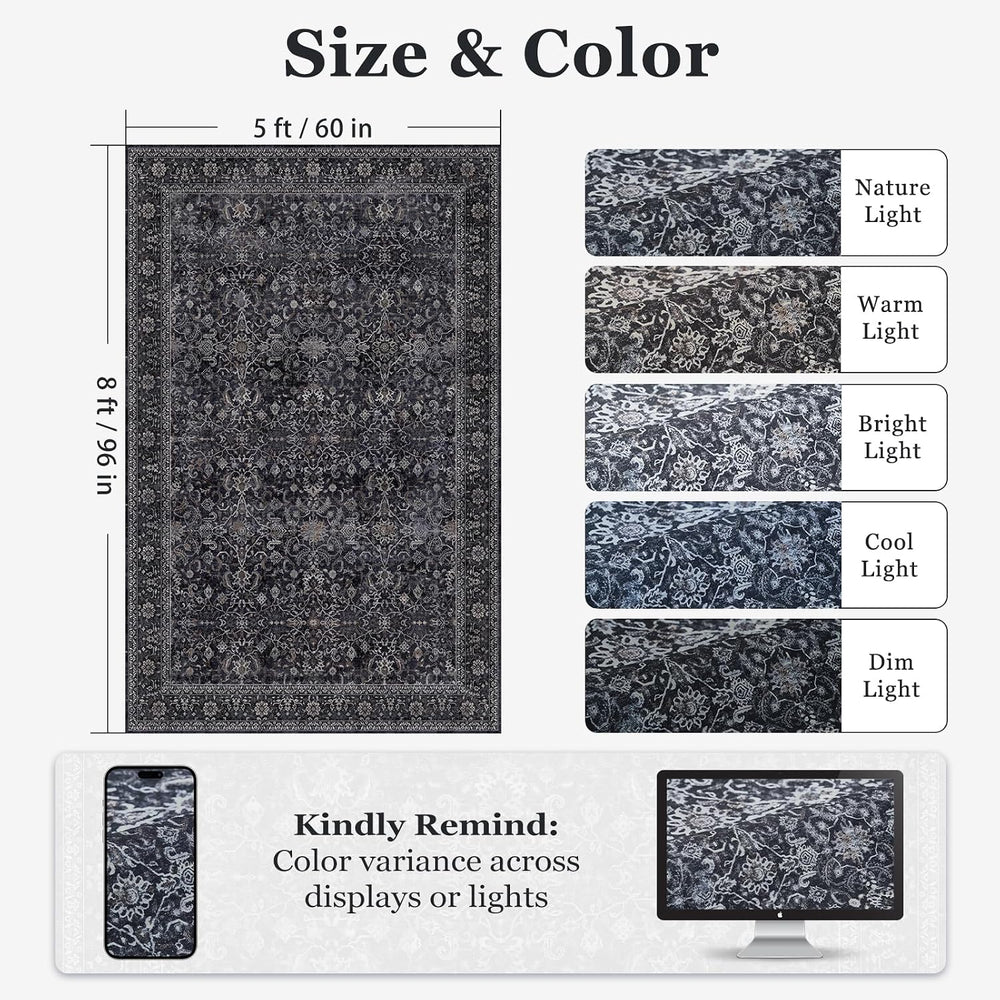 Washable Dark 5x8 Area Rugs, Vintage Farmhouse Earth Tone Carpet for Living R...