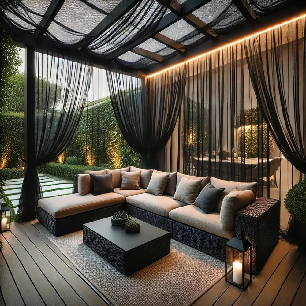 Extra Wide Outdoor Curtains Waterproof Black Voile Mesh Screen Lightweight Pr...