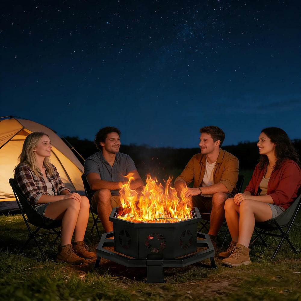 Hykolity 31 Inch Fire Pit, Octagonal Outdoor Fire Pit, 2 in 1 Wood Burning Fi...