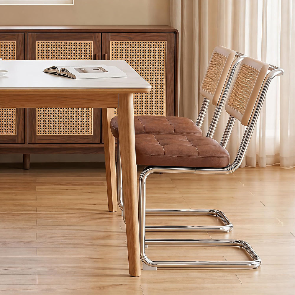 Rattan Dining Chairs, Faux Leather Dining Chairs Set of 4, Brown