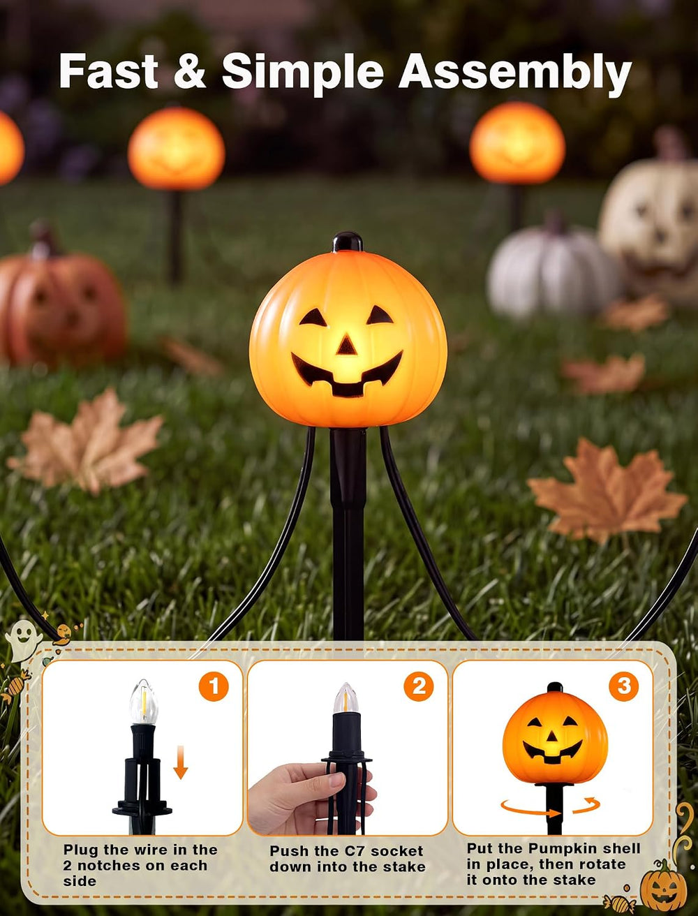 10.5FT Halloween Pathway Lights, 5PK LED Jack o Lantern Stake Lights