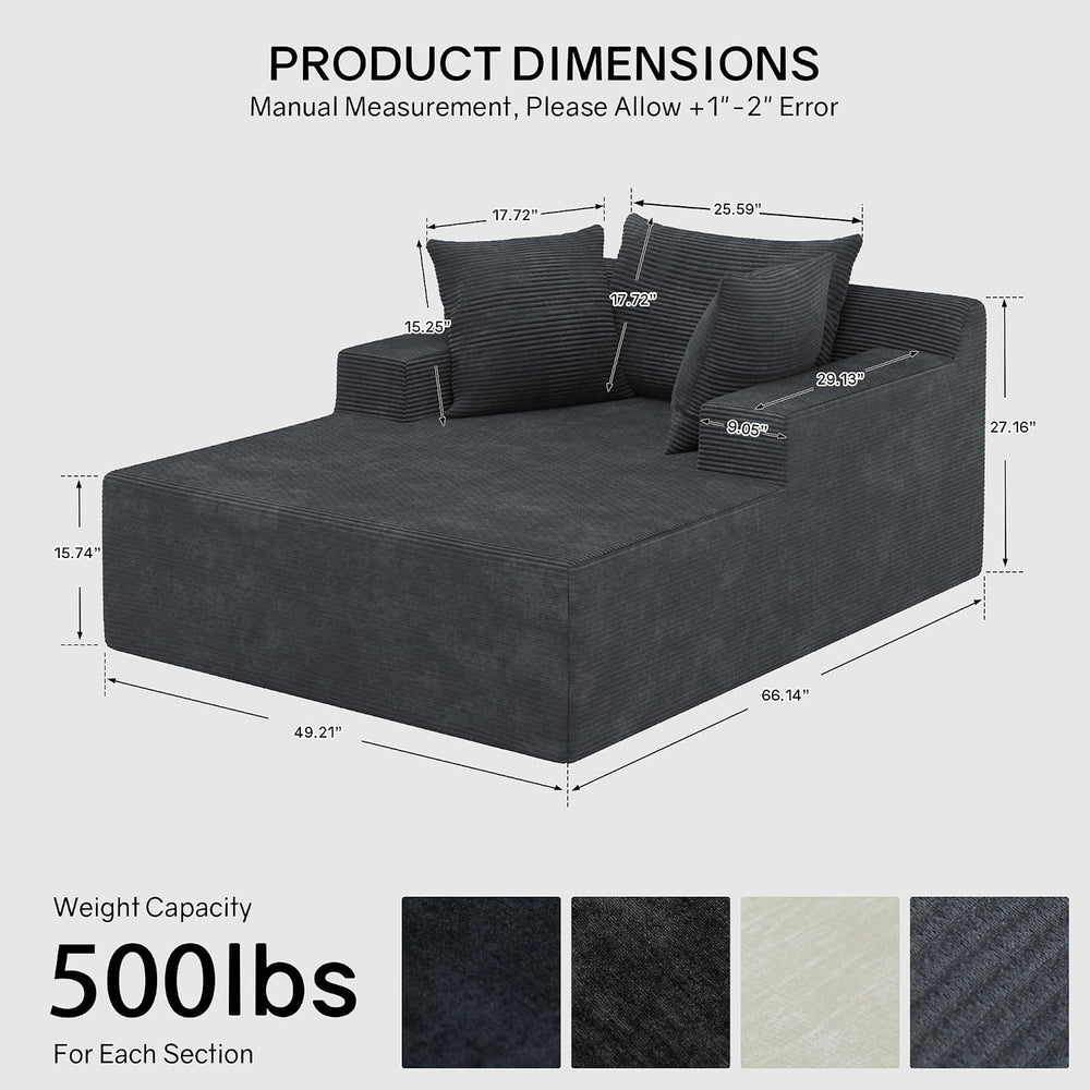 66" Chaise Lounge Chair Indoor, Oversized Boneless Lounge Chair with 3 P...