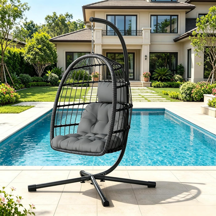 LEVELEVE Hanging Egg Chair with Stand, Patio Rattan Wicker Swing Chair, Oversized Hammock Seat for Bedroom Porch Garden, Thickened Steel Frame & UV Resistant Cushion, 350LBS Capacity(Dark Grey