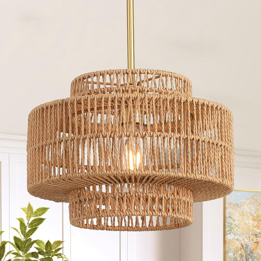 12.4" Rattan Pendant Light,1-Light Boho Chandelier Light Fixture Farmhou...