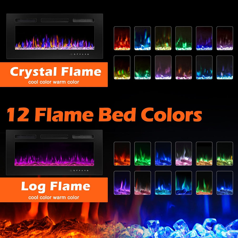 36" Electric Fireplace Wall Mounted and Recessed 750/1500w W/Remote Control