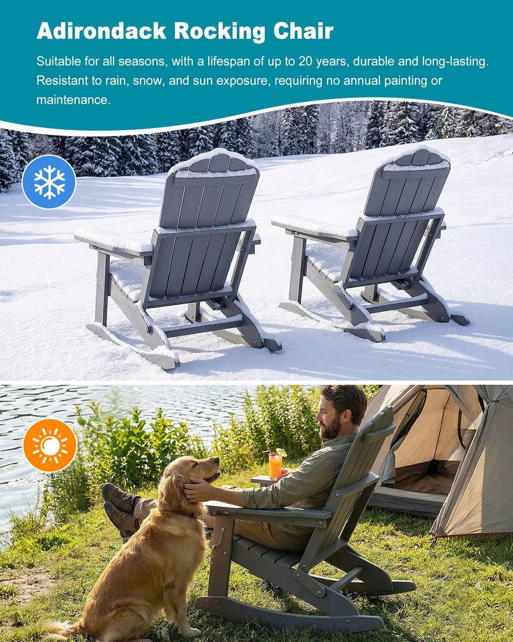 Folding Adirondack Rocking Chair with Retractable Ottoman for Patio, Porch