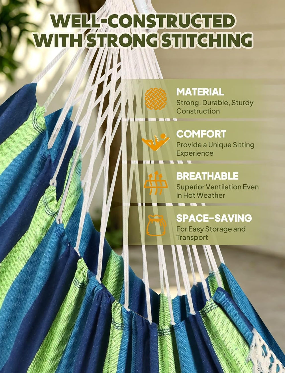 Chihee Hammock Chair 4.9ft x 3.9ft Max 500 Lbs 2 Cushions Strap Carabiner