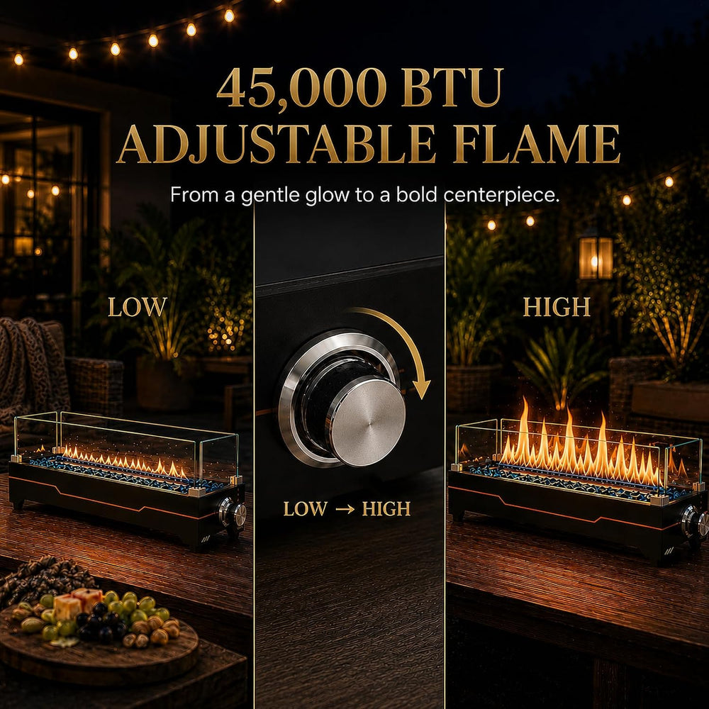 Grisun 28 Inch Tabletop Fire Pit with Glass Wind Guards for Patio & Camping
