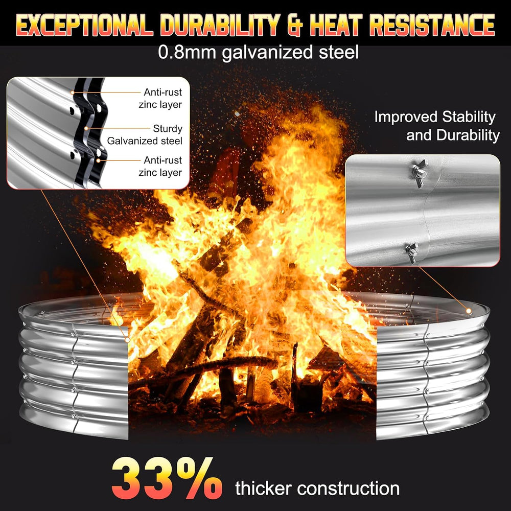 60 Inch Fire Pit Ring 5FT Galvanized Steel, 12" Raised Heavy Duty Wood B...