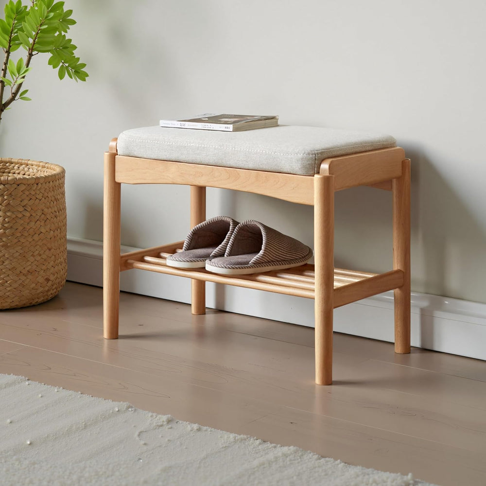 Solid Wood Shoe Bench, Small Entryway Bench with Light Gray Cushion