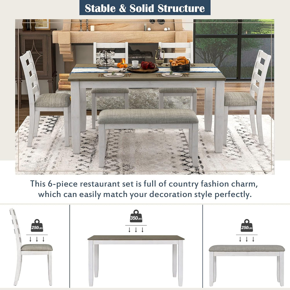 Merax Wooden Dining Table Set with Upholstered Chairs and Bench, 6-Piece Dini...