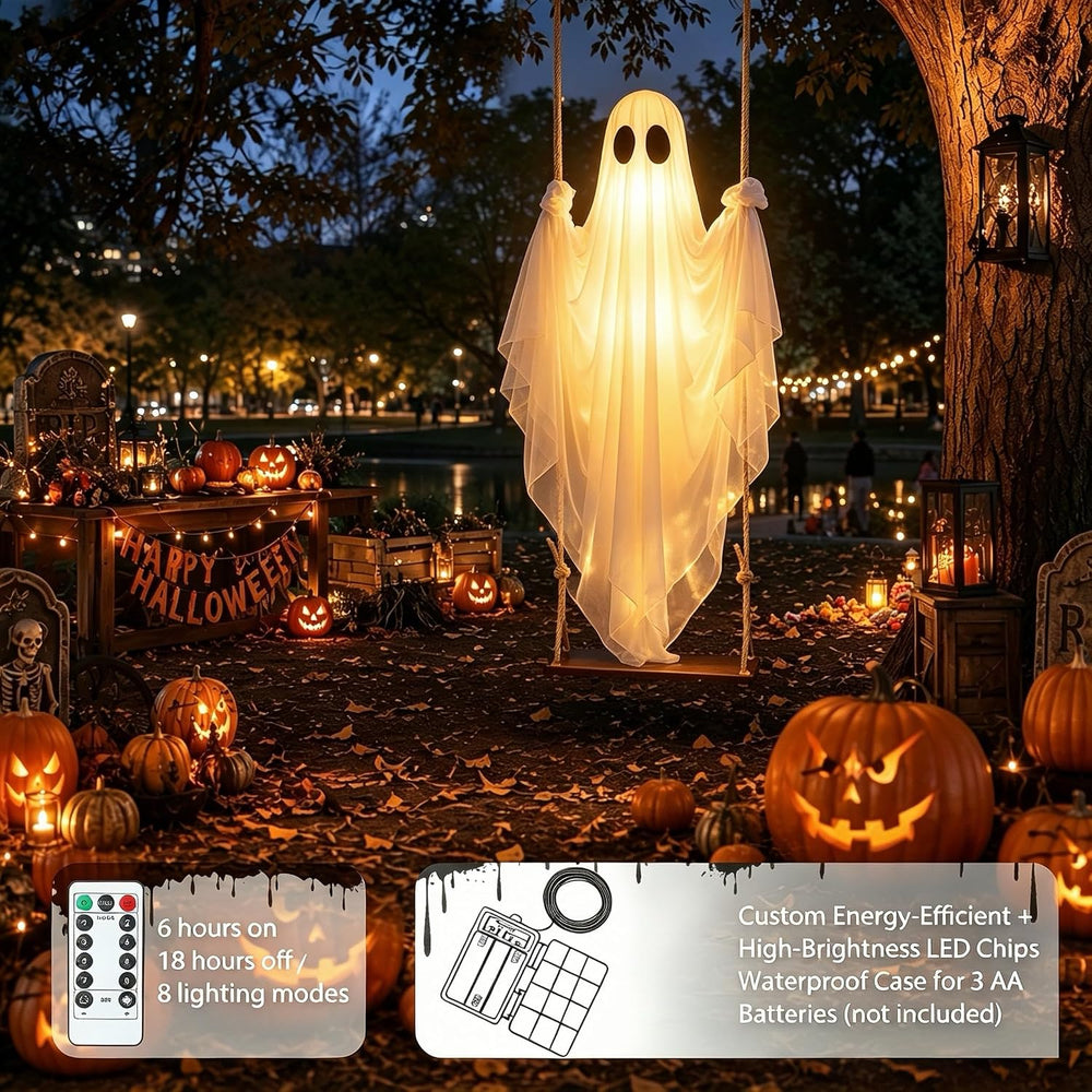 Halloween Decorations Outdoor – Hanging Swing Ghost 4-8FT, Remote Light Up