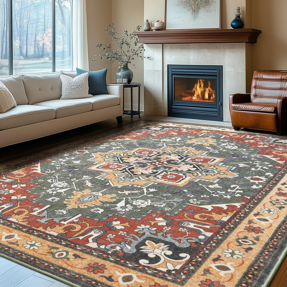 Rugflix 9x12 Area Rugs for Living Room, Washable Red Green Large Rug
