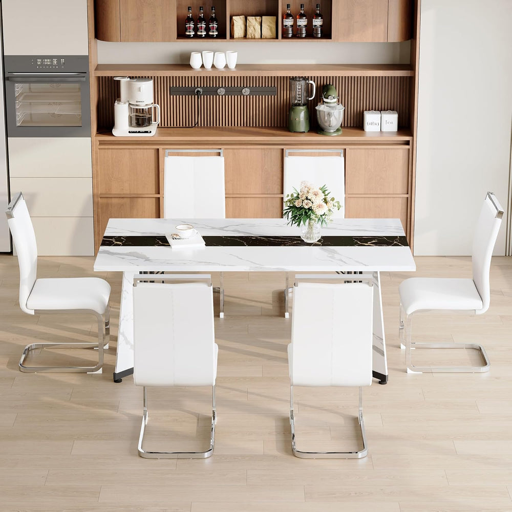 Dining Table Set for 6,White Marble 71'' Dining Room Table with Spaci...
