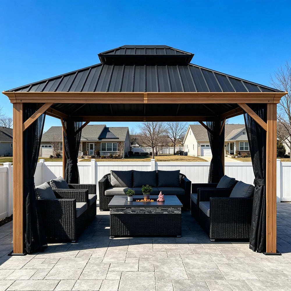 PURPLE LEAF Hardtop Gazebo 10' x 12' with Drainage System, Wood Grain...