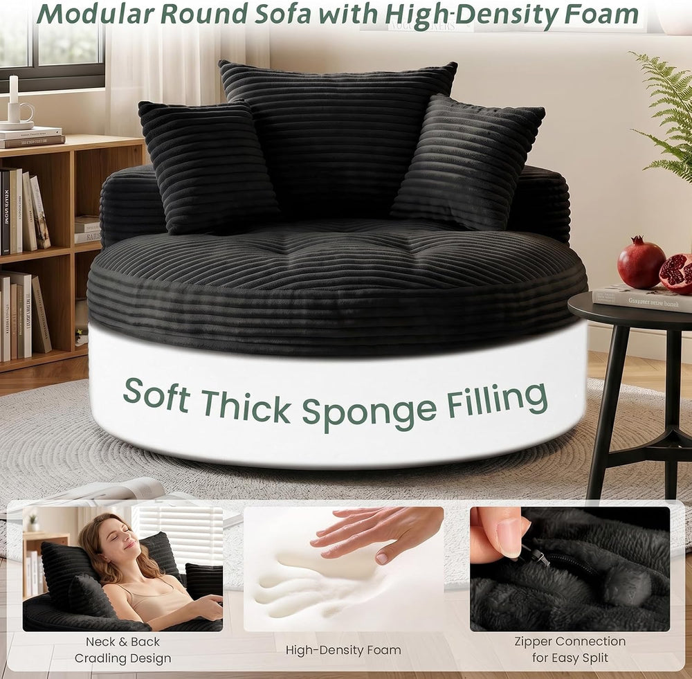 Oversized Round Chaise Lounge Chair, Deep Seat Cloud Boneless Floor Sofa Couc...