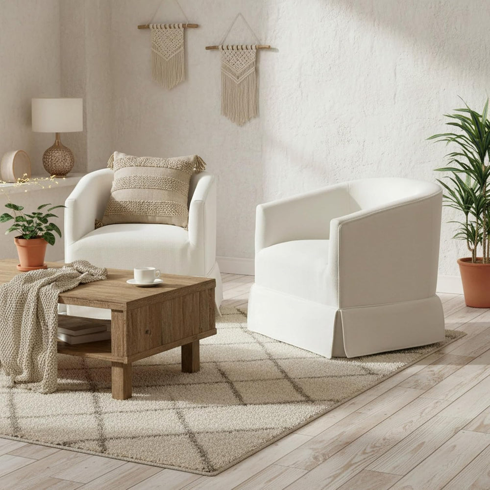 Swivel Accent Chair, Barrel Chair with Skirted Base, White