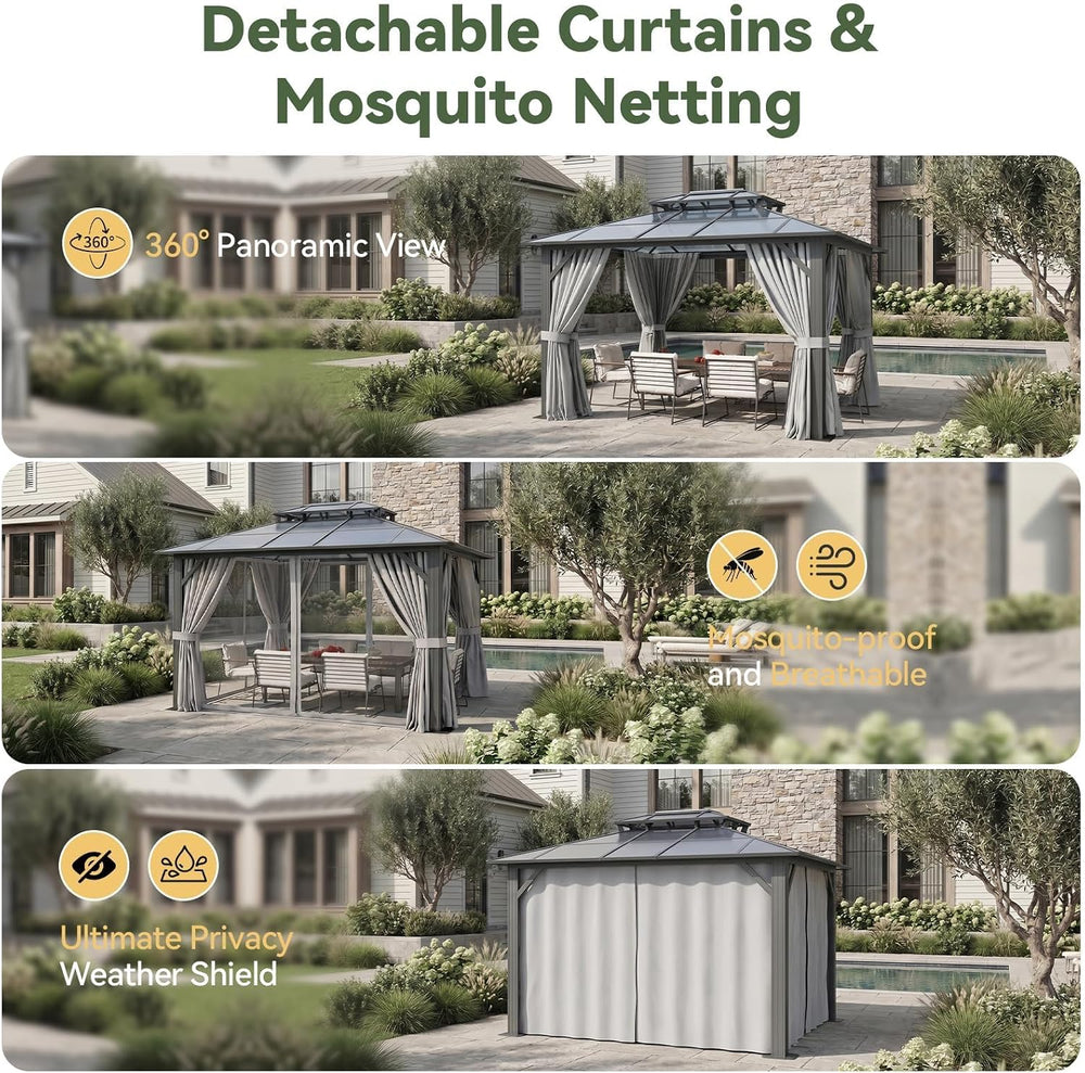 10'x12' Hardtop Gazebo Outdoor Permanent Gazebo with Double Polycarbo...