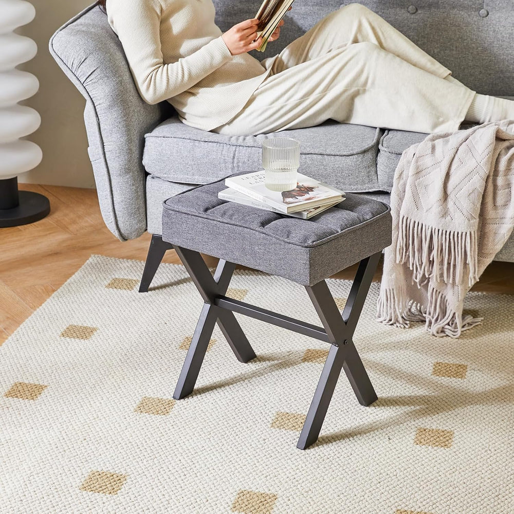 IBUYKE Square Makeup Stool with X-Leg, Linen Vanity Chair, Dark Gray LG-70G