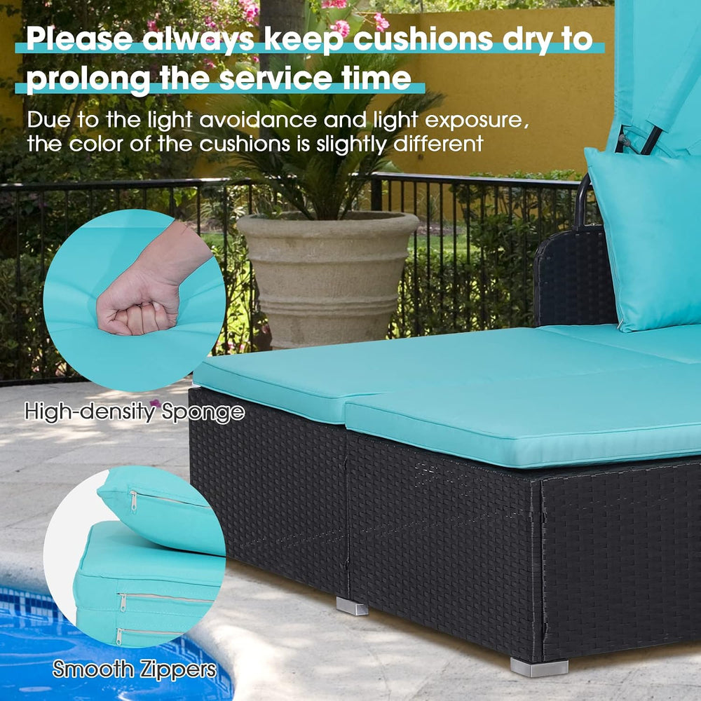 ORALNER Outdoor Daybed, 2-Person Wicker Patio Sofa with Retractable Canopy, C...