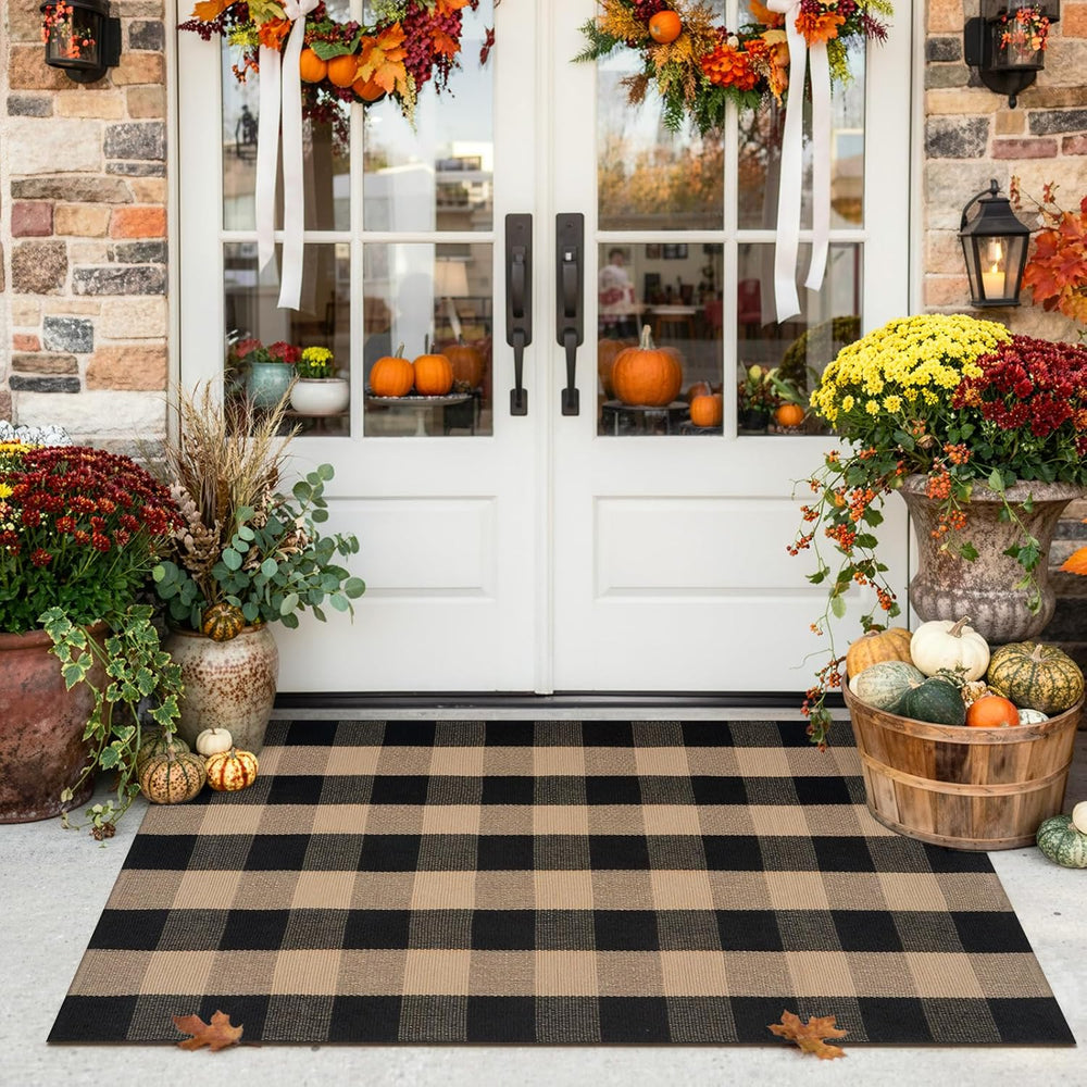 Uphome Bufflo Plaid Outdoor Rug 3'x5', Black Natural Checkered Front ...