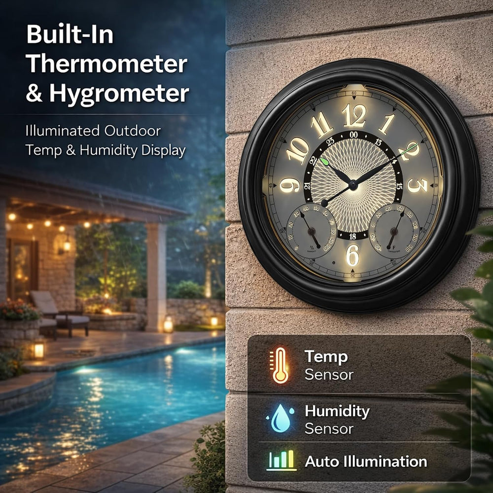 Pytha Sight 18 Inch Metal Illuminated Outdoor Clocks for Patio Waterproof
