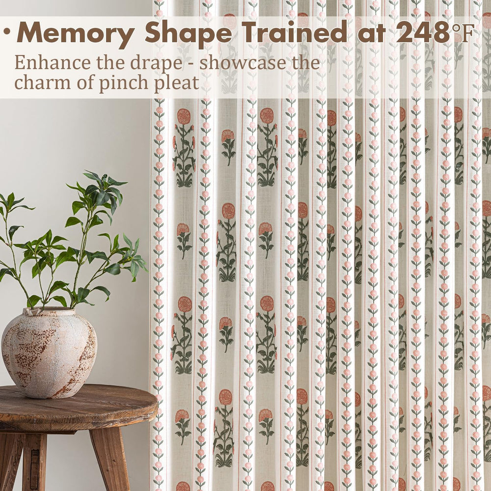 Floral Pinch Pleated Linen Curtains,Pink & White,40" W x 84" L