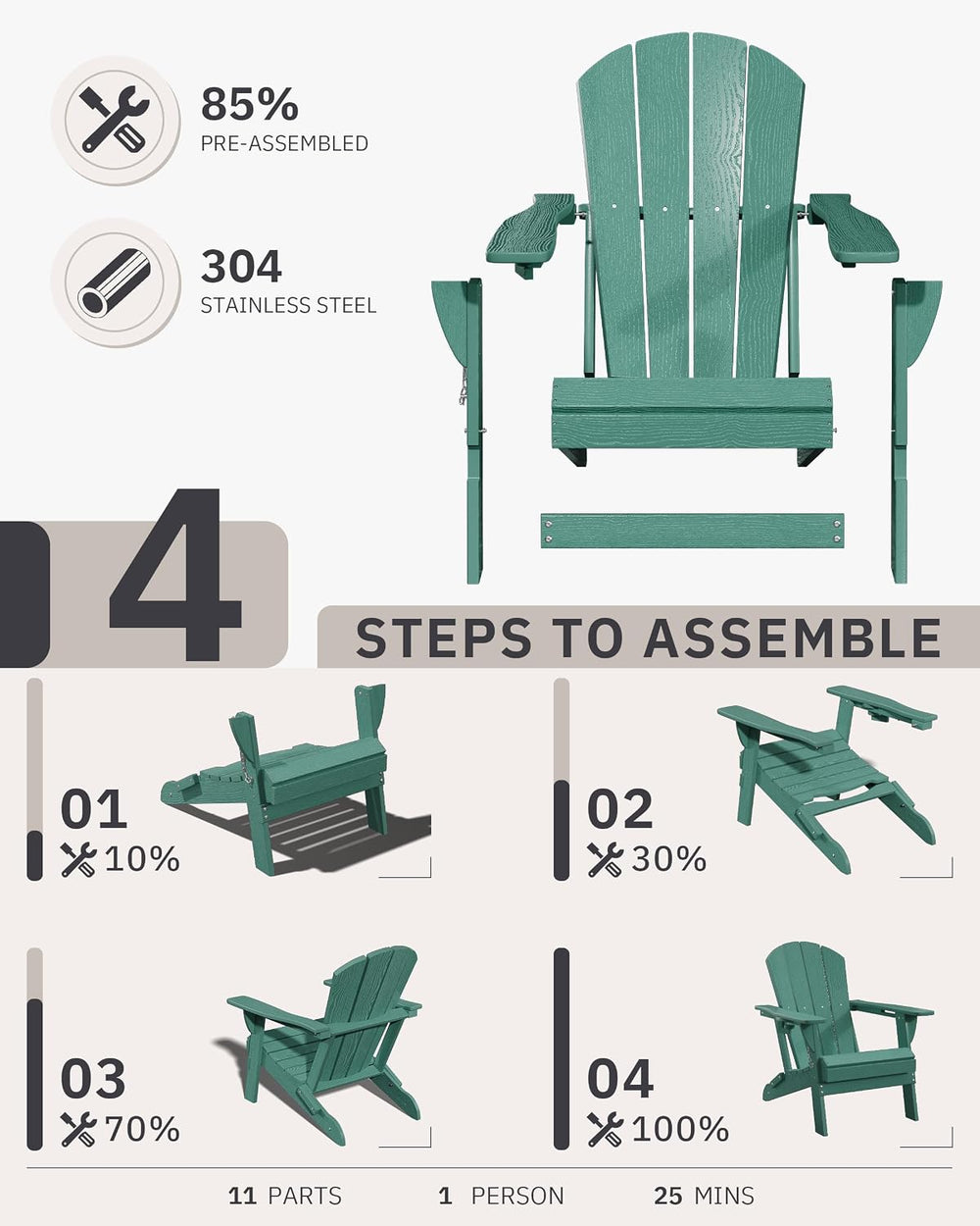 AreShark HDPE Folding Adirondack Chair with Cup Holder, Aruba