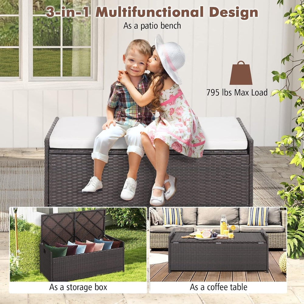 HAPPYGRILL 34 Gallon Patio Storage Bench Deck Box, 3-in-1 Rattan Wicker Stora...