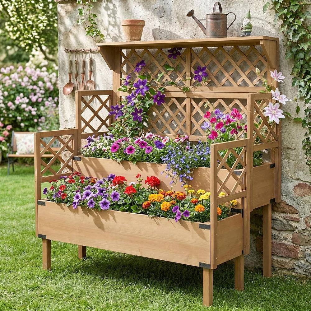Raised Garden Bed with Trellis, 2-Tier Elevated Planter Box, Wooden Outdoor P...