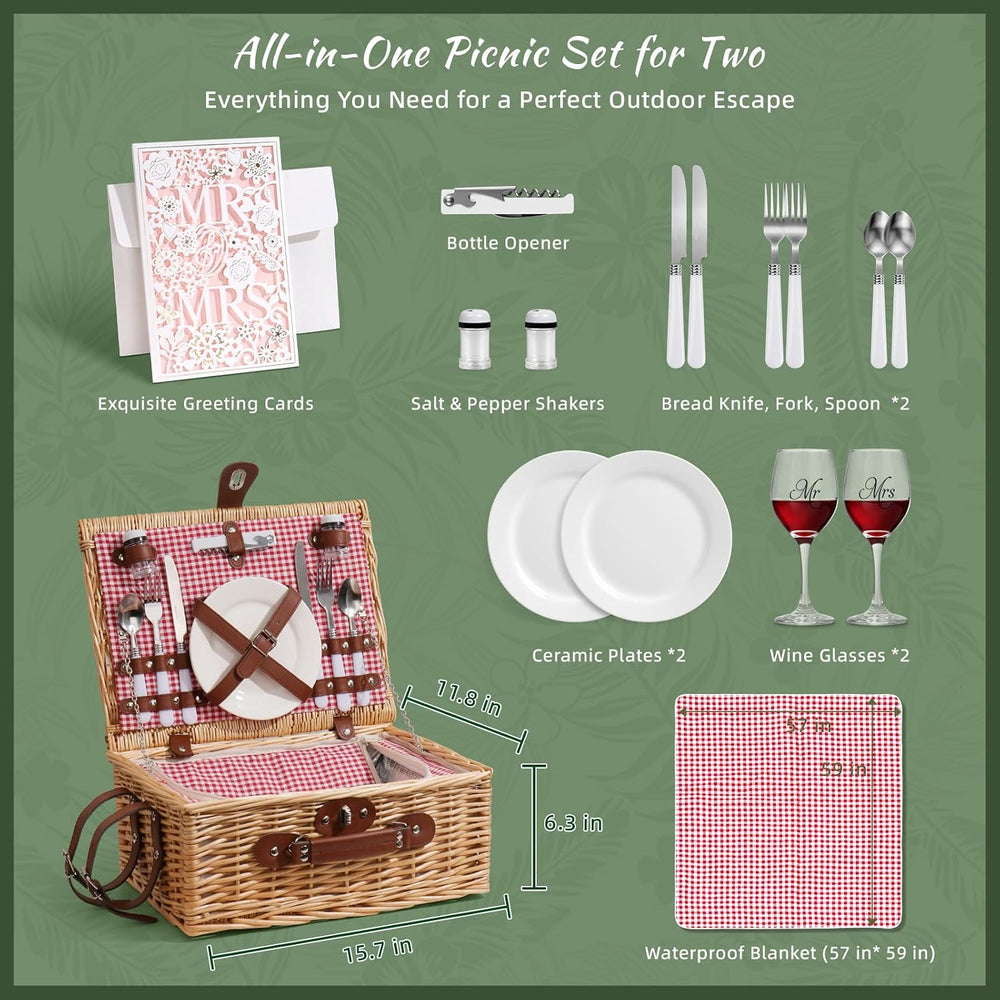 Picnic Basket for 2 with Lid and Handle Waterproof Picnic Blanket
