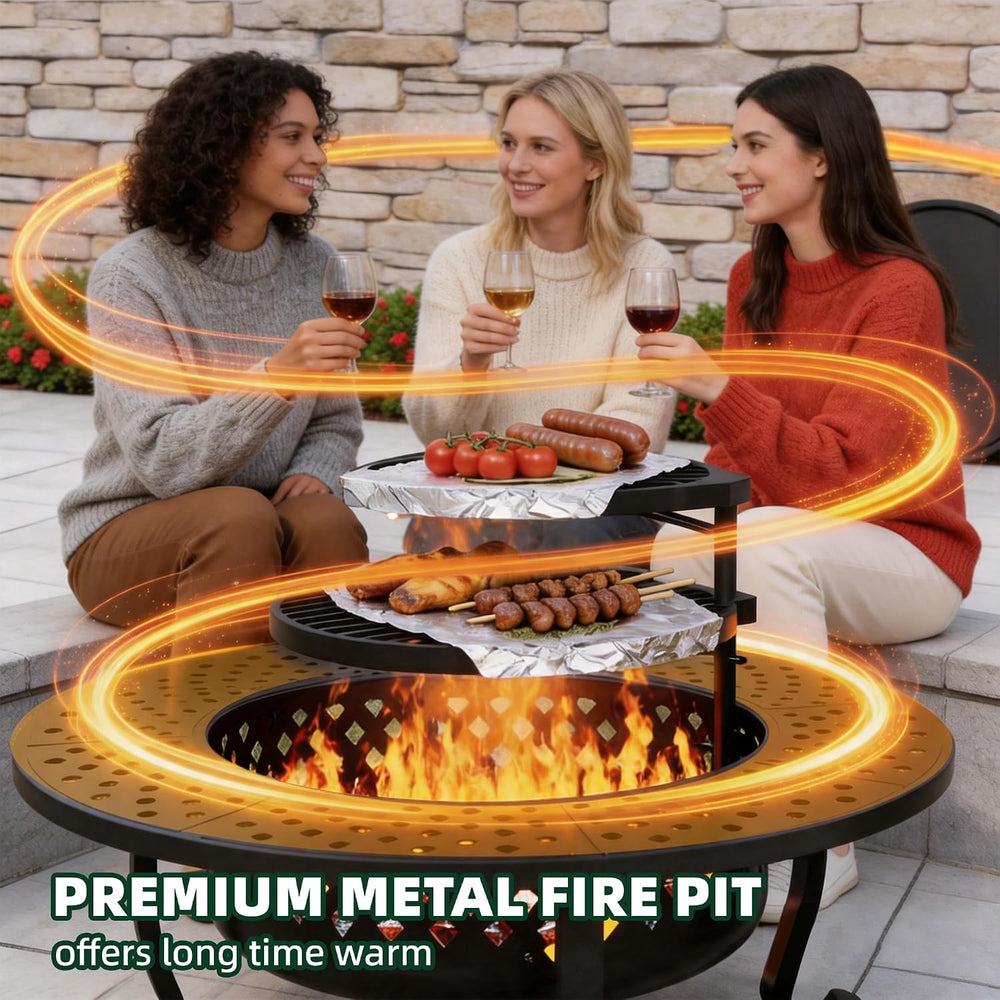 43 Inch Fire Pit with 2 Grill, Wood Burning Firepit with Lid